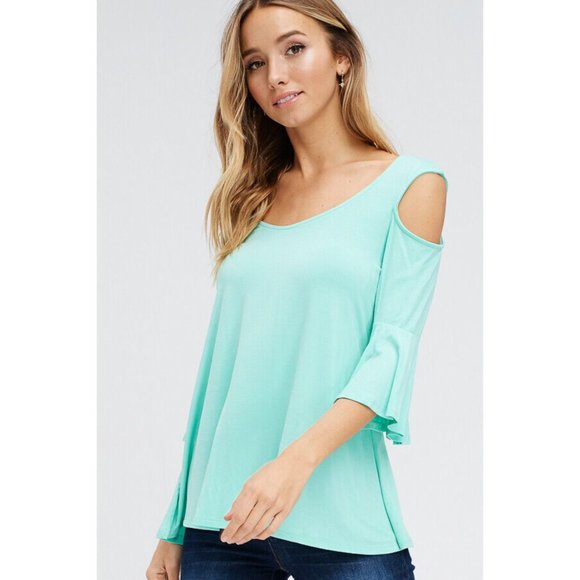 Boutique Tops - Stay Fashionable with This Trendy Open Shoulder 3/4 Bell Sleeve Top Blouse